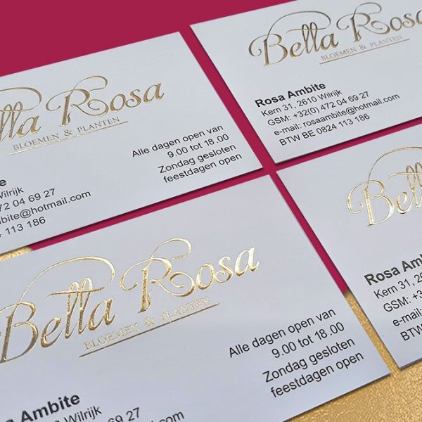 Печат на луксозни визитки с топъл печат "Gold" и изпъкнало преге, клиент: Bella Rosa, Булбранд Медия ООД