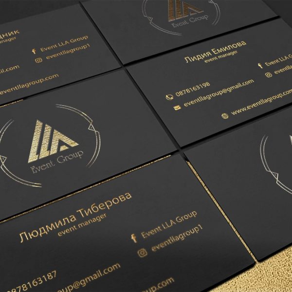Печат на луксозни визитки с топъл печат "Gold", клиент: LLA Event Group, Булбранд Медия ООД