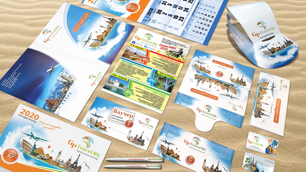 Печат на рекламни материали за туристическа агенция GP travel: ваучери, визитки, папки, флаери, пликове за билети, картонени шапки, химикалки, Булбранд Медия ООД